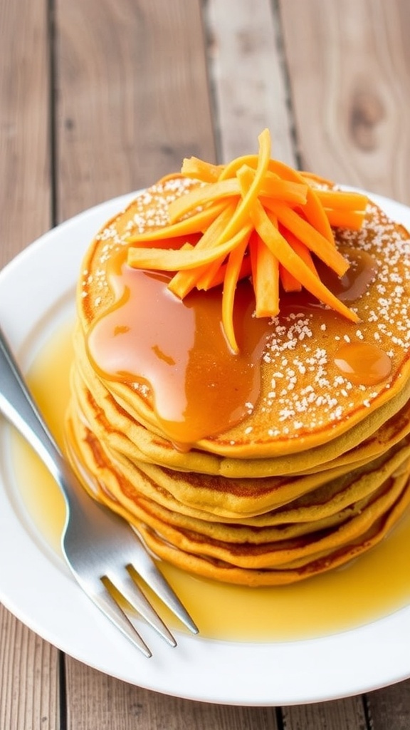 Fluffy carrot pancakes stacked on a plate, topped with syrup and garnished with carrot shavings.